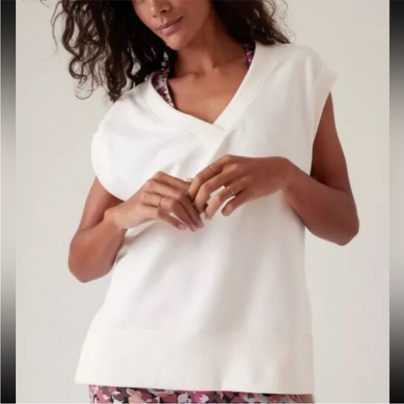 Athleta Women XS White Retroterry V Neck Sweatshirt Tee Top Sleeveless Athletic - Picture 2 of 9